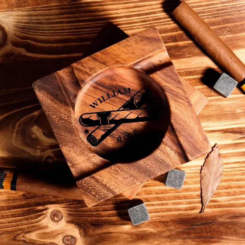 Personalized Walnut Wood Cigar Ashtray with Holder, Perfect Gift