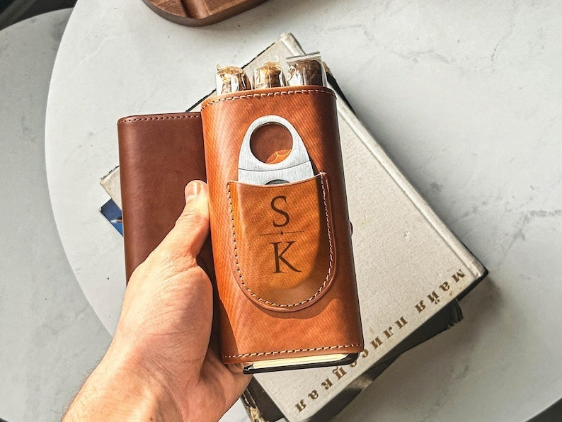 Personalized Leather Cigar Case with Cutter, Father's Day Gift