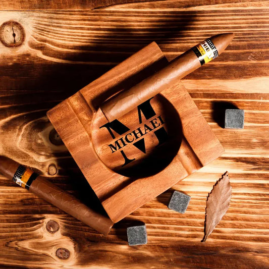 Personalized Walnut Wood Cigar Ashtray with Holder, Perfect Gift
