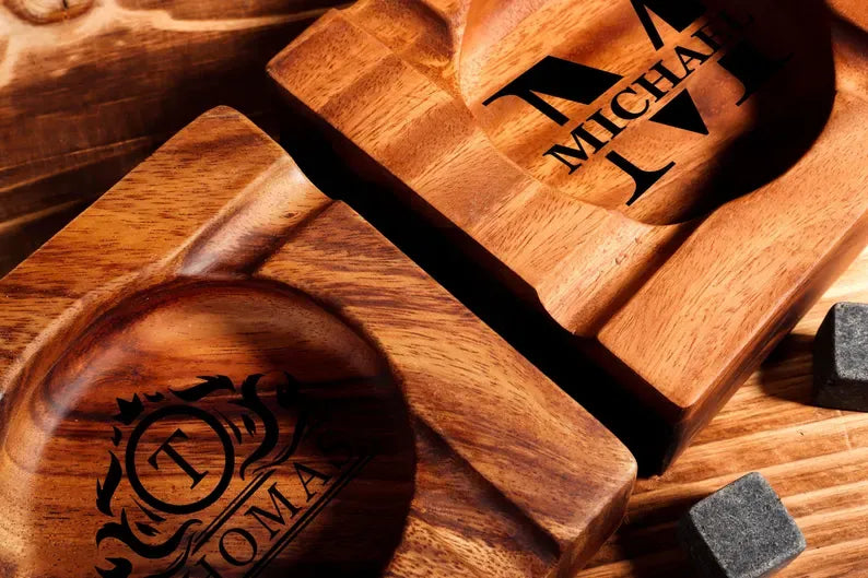 Personalized Walnut Wood Cigar Ashtray with Holder, Perfect Gift